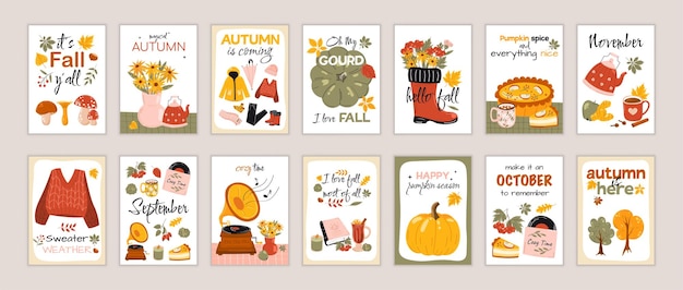 Vector set of a modern autumn posters. hand written lettering quote. trendy calligraphy poster. cozy phrase