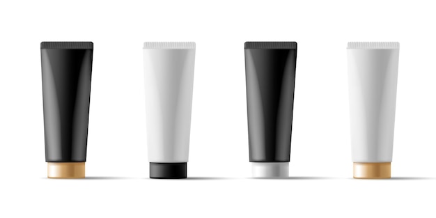 Vector set of modern blank black and white tubes with a gold lid for cosmetics medical gel