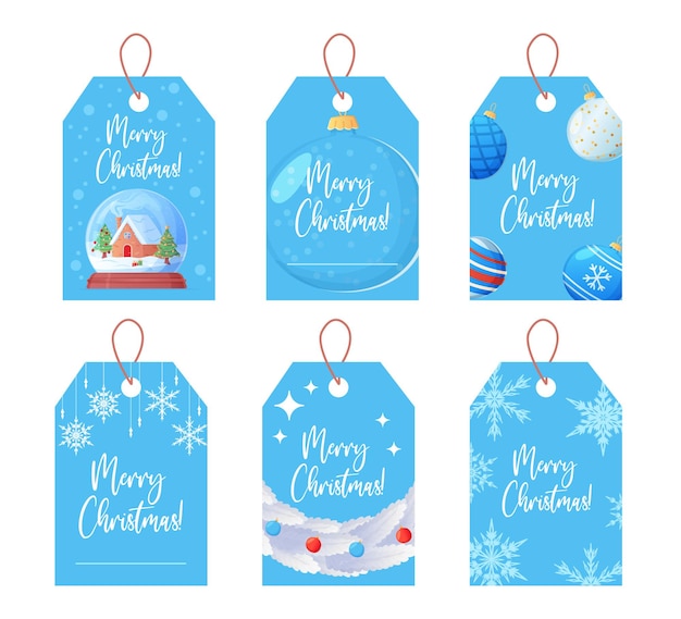 Set of modern blue christmas tags in cartoon style