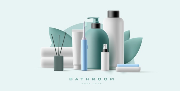 Set of modern body care products for the bathroom 3d Compositions of shampoo gel spray