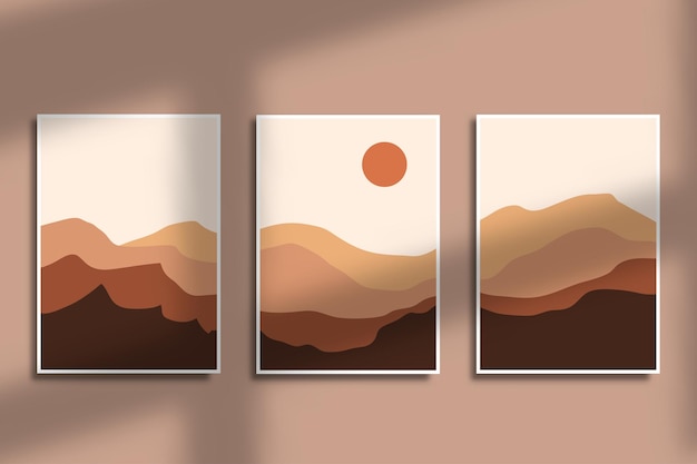 Set of modern boho minimal abstract mountain landscape aesthetic illustration wall art design