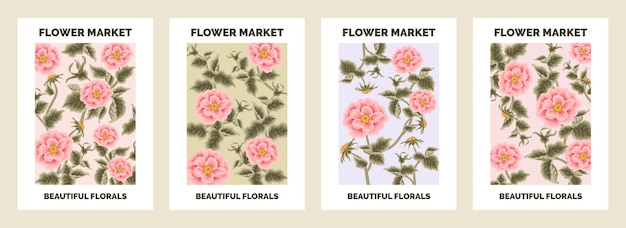 バラと花の葉の枝を使ったモダンな植物園の花のポスターイラストのセット