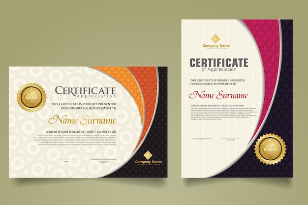 Set modern certificate template with realistic texture diamond shaped on the ornament and modern pattern background. size a4.