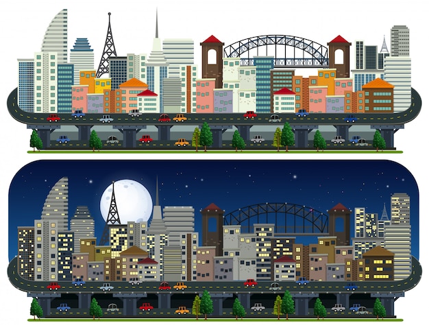 A set of modern city day and night