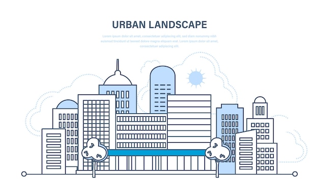 Insieme di vie di vita di città moderna di paesaggio urbano esterno della facciata