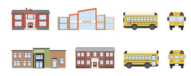 Set of modern and classic school buildings and yellow school bus