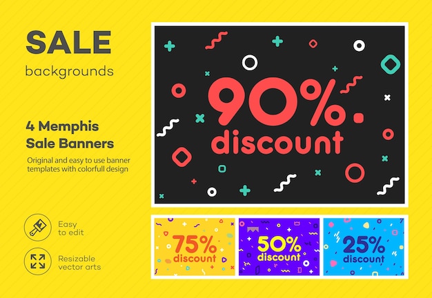 Set of modern colorful poster, banner, flyer template in the Memphis style.