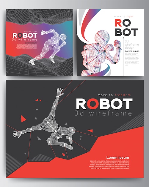 Set of modern cover 3d robot wireframe shapes