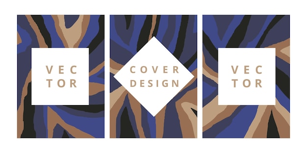 Set of modern design template with abstract geometric ornament in dark blue and brown colors