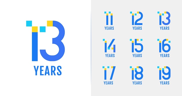 Vector set of modern digital anniversary logo 11 12 13 14 15 16 17 18 19