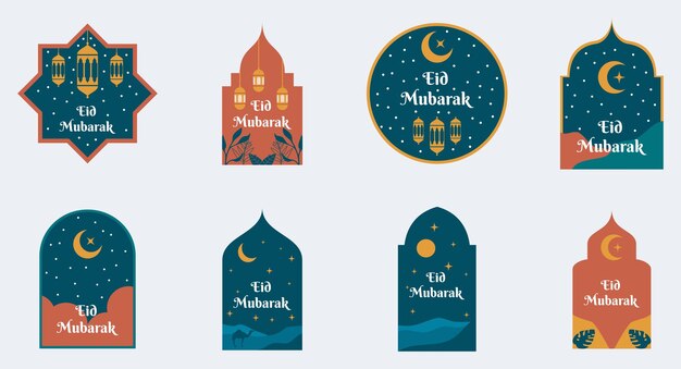 Set di modern eid mubarak e ramadan kareem. modello ed elemento di biglietto di auguri islamico.