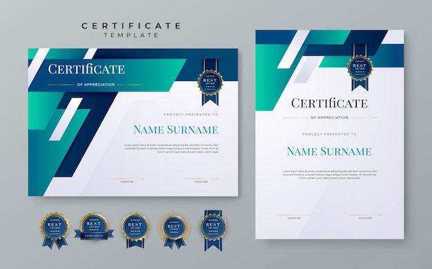 Set of modern elegant modern blue certificate design template with badge and border for business corporate need