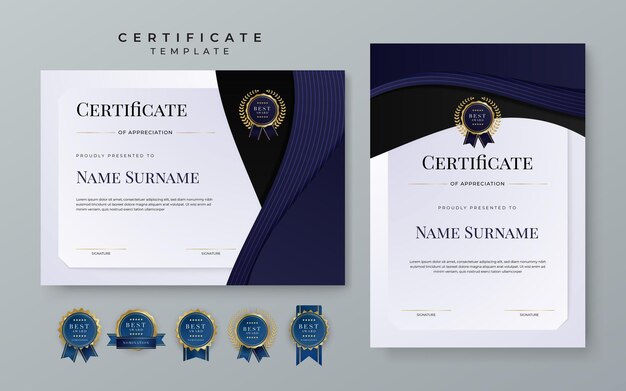 Vettore set di moderno ed elegante modello di design certificato blu scuro e oro moderno con badge e bordo per esigenze aziendali aziendali