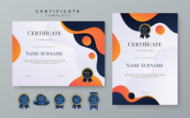 Set of modern elegant modern orange certificate design template with badge and border for business corporate need