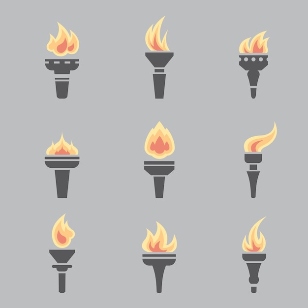 Set di icone moderne dal design piatto della torcia bruciata collezione di vettori di icone di fuoco di fiamma