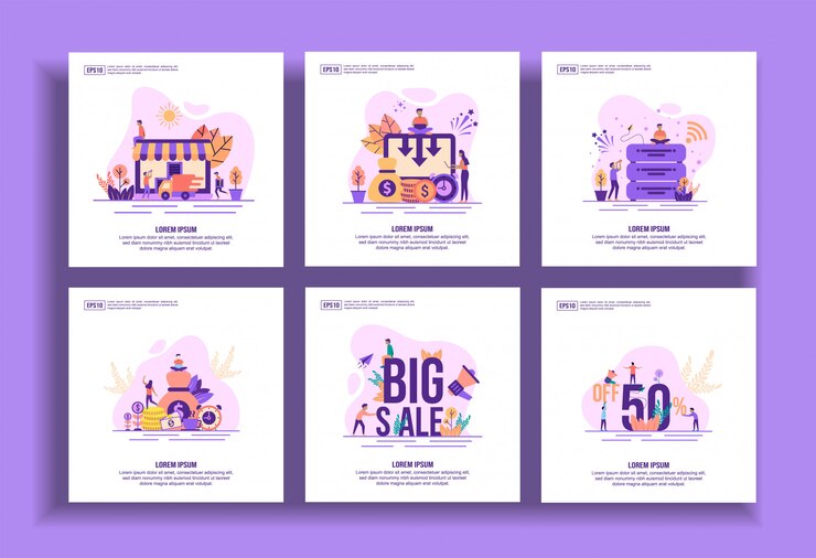 Set of modern flat design templates for Business, delivery, cost reduction, big data, success, big sale, discount sale.