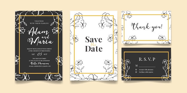 Set of modern floral outline hand drawn luxury wedding invitation design or card templates for wedding or fashion or greeting with gold  flower texture on a cream  color elegant background bundle