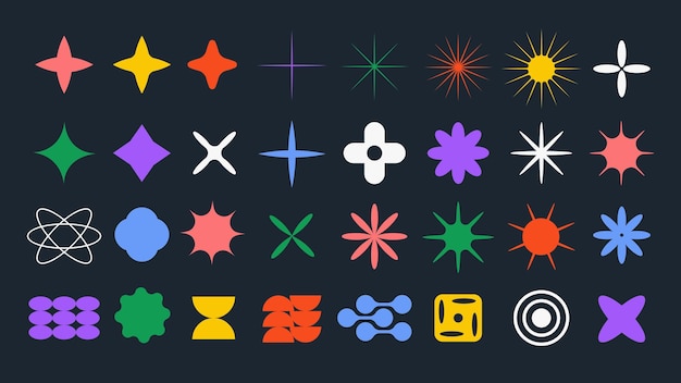 Set of modern futuristic figures Abstract geometric shapes in brutalism style Set of star shapes