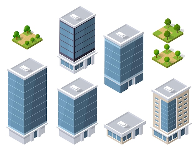 Set of modern isometric buildings and plants for sites and games