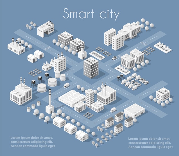 Set of modern isometric buildings and plants for sites and games