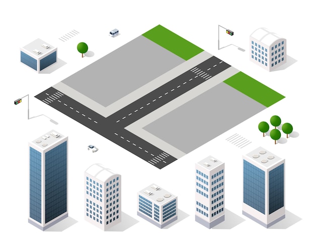 Set of modern isometric buildings and plants for sites and games