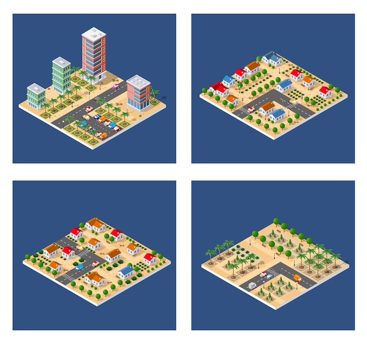 Vector set of modern isometric buildings and plants for sites