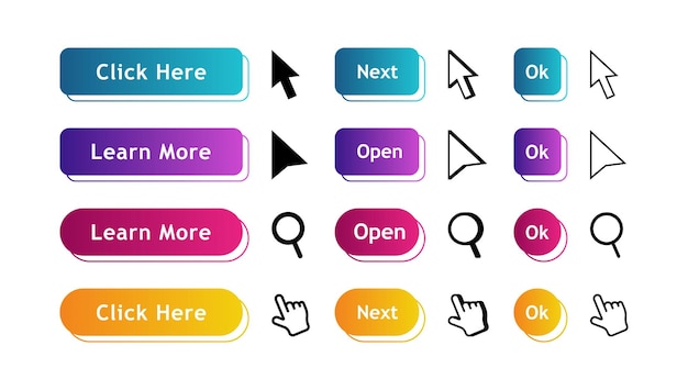 Set of modern material style buttons with click pointer for website mobile app and infographic Different gradient colors Modern vector illustration flat style