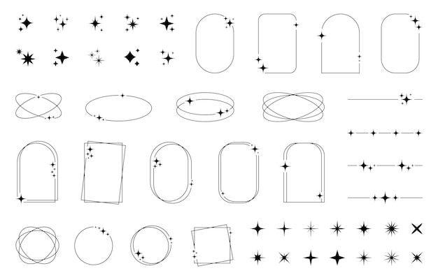 Vettore set di cornici lineari moderne e minimaliste con stelle elementi di linea estetici alla moda con scintillii