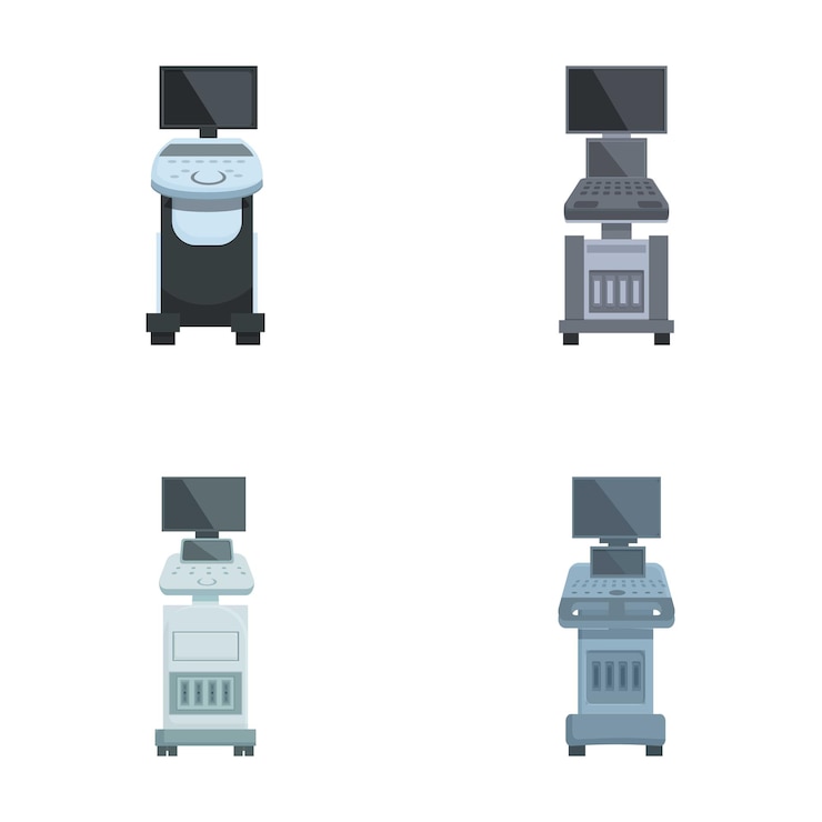 Vector set of modern office desks with computers