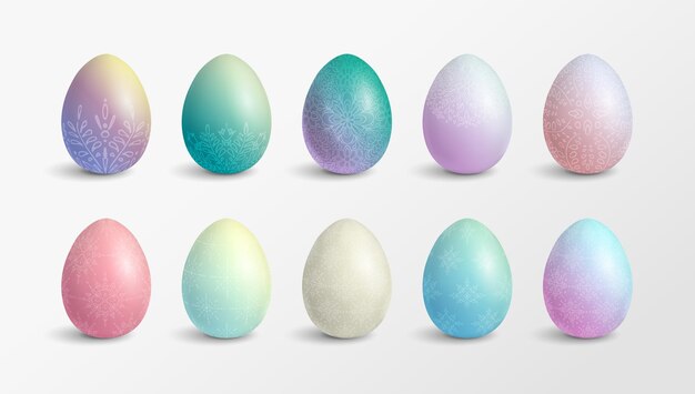 Set of modern pastel gradient colored Easter eggs with floral decoration Isolated vector design