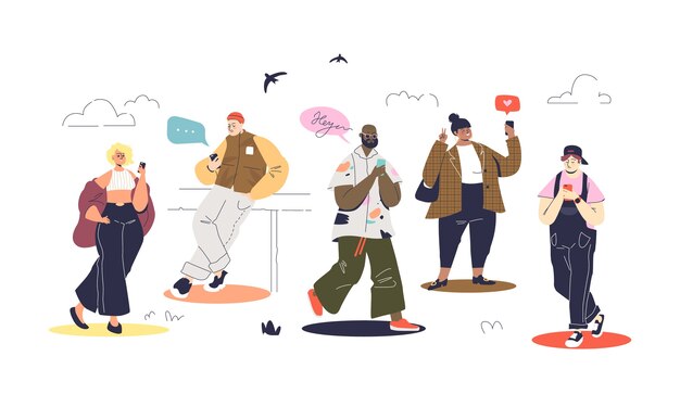 Vector set of modern people using smartphones and messaging while walking.
