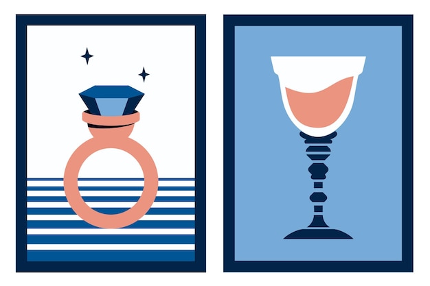 현대 포스터 세트 다이아몬드 반지와 와인 칵테일 한 잔이 있는 세련된 최신 카드 발렌타인 데이 휴일 선물 낭만적인 저녁 식사 결혼 데이트를 위한 벡터 평면 그림