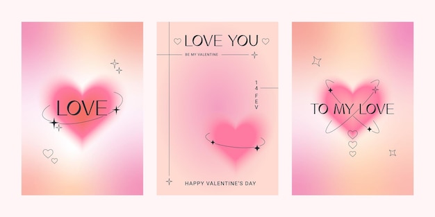 Set of modern posters with valentine's day trendy gradients blurred shapes typography y2k style