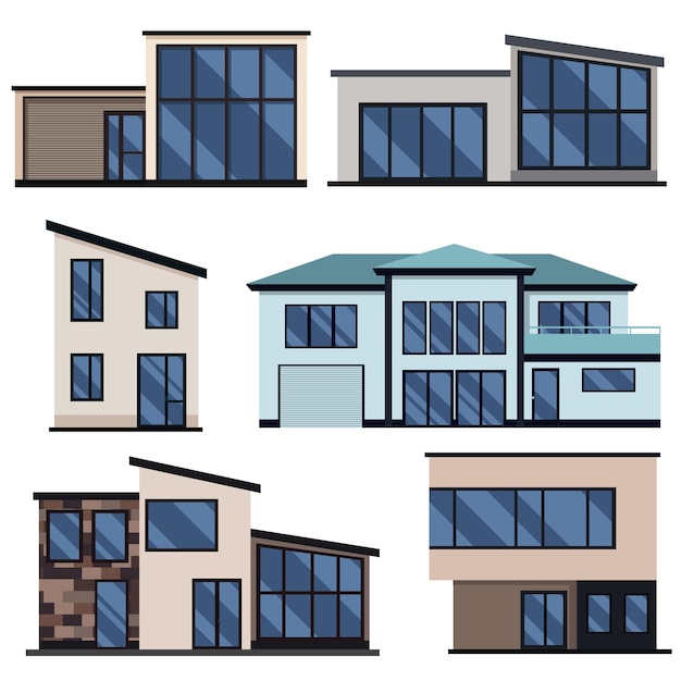 Set of modern residential houses. Vector flat illustration with modern houses. Family home.