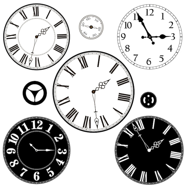 Vector set of modern and retro  clocks and parts.