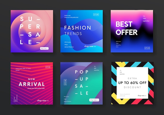 Set of modern sale banners. trendy fluid gradient and liquid color backgrounds. futuristic promo posters vector design.