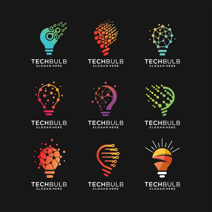 Vector set of modern tech bulb logo designs concept pixel technology bulb idea logo template