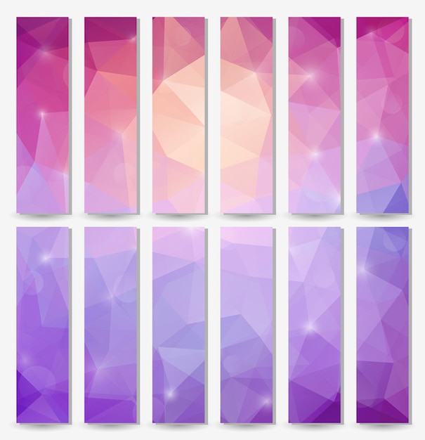 Set of modern vector banners with  polygonal background in pink and purple color