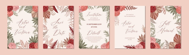 Set of modern vertical boho wedding designs for invitation greeting cards posters Save the date