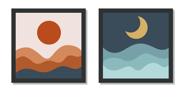 Set of modern wall art boho background with sun moon mountains