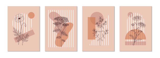 Set moderne bloemen esthetische posters met veldbloemen