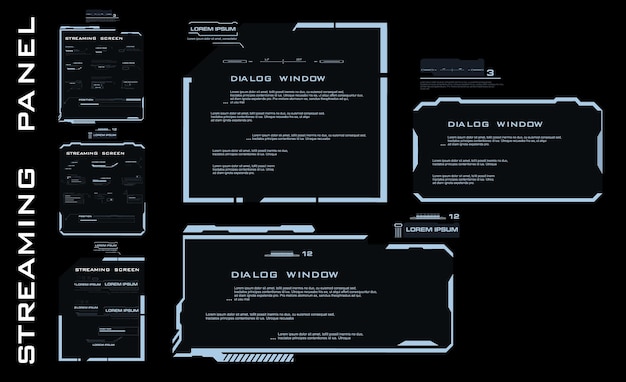 Set moderne dialoog HUD-interface-elementen Streaming-paneel Streaming-scherm Informatieborden en blokken met een frame voor online communicatie