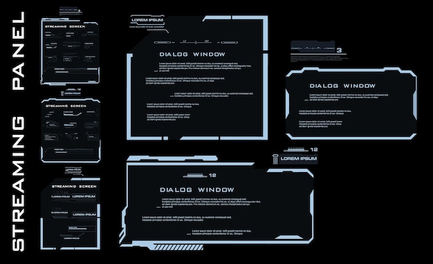 Set moderne dialoog hud-interface-elementen streaming-paneel streaming-scherm informatieborden en blokken met een frame voor online communicatie