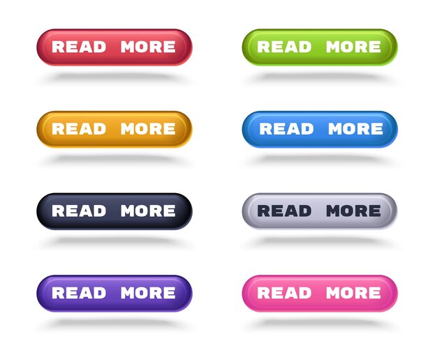 Set moderne lees meer knoppen met schaduwen voor website-interface