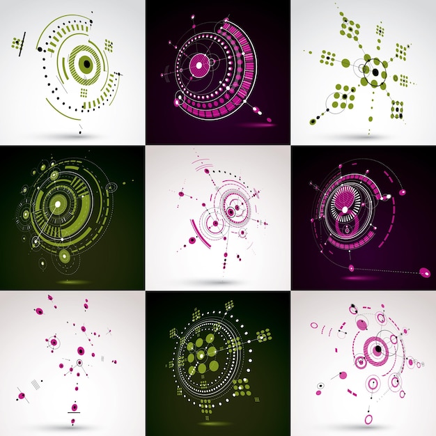 Set of modular Bauhaus 3d vector backdrops, created from geometric figures like circles and lines. For use as advertising poster or banner design. Perspective abstract mechanical schemes.