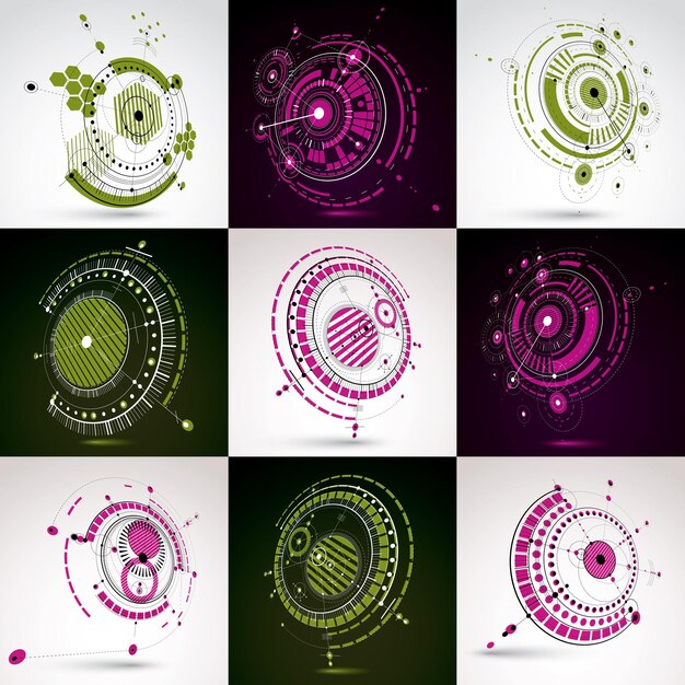 Набор модульных трехмерных векторных фонов Баухауза, созданных из геометрических фигур, таких как круги и линии. Для использования в качестве рекламного плаката или баннера. Перспективные абстрактные механические схемы.