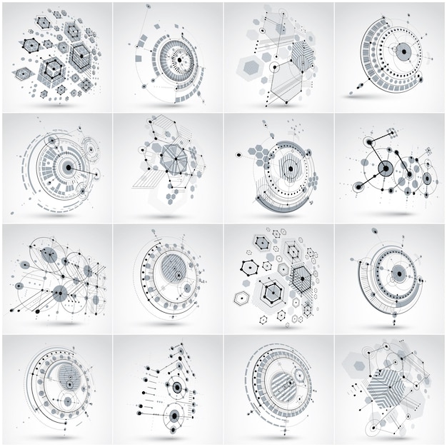Набор модульных трехмерных векторных фонов Баухауза, созданных из геометрических фигур, таких как шестиугольники, круги и линии. Для использования в качестве рекламного плаката или баннера. Перспективные абстрактные механические схемы.