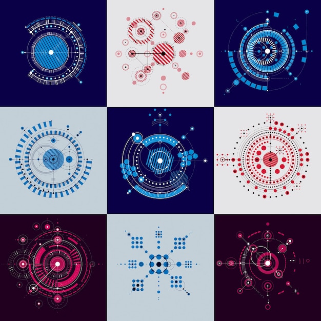 Set of modular Bauhaus vector backdrops, created from geometric figures like circles and lines. Best for use as advertising poster or banner design. Abstract mechanical schemes.