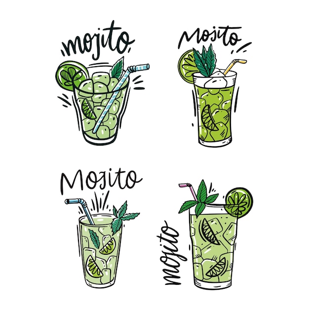 Vector set of mojito cocktail and watermelon fresh. colorful sketch style and lettering. isolated on white background.
