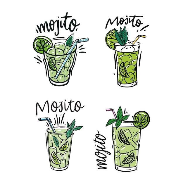 Vettore set di mojito cocktail e anguria fresca. stile di schizzo colorato e scritte. isolato su sfondo bianco.